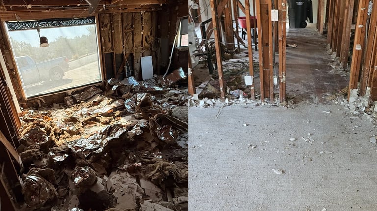 Before and after comparison of water-damaged interior space being restored with debris removal and debris cleared