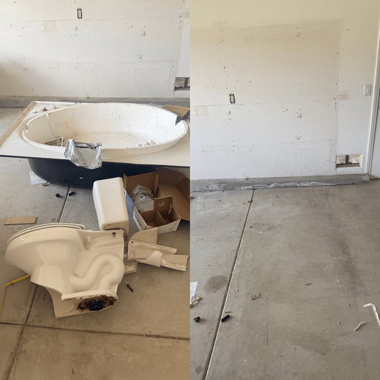 Split image showing bathroom fixtures during renovation: removed oval bathtub and toilet on concrete floor with drywall walls